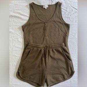 Bohme matching set, waffle knit tank and shorts, army/olive green, size large